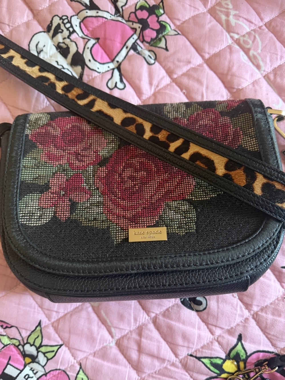 kate spade Black Crossbody with black and Leopard Strap